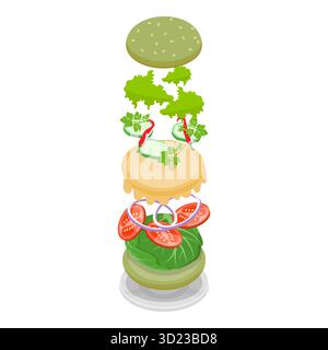 Isometrischer 3D-flacher Satz Burger Maker, Elemente für verschiedene Sandwiches. Punkt 4 Stockfoto
