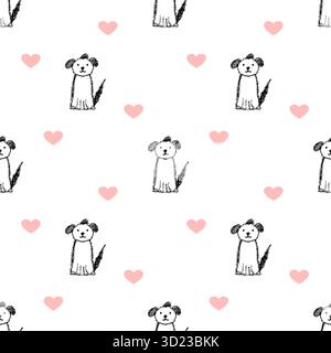 Nahtloses Muster mit linearem Hund und pastellfarbenen Herzen, weißem Hintergrund, Valentinstag-Illustration Stockfoto