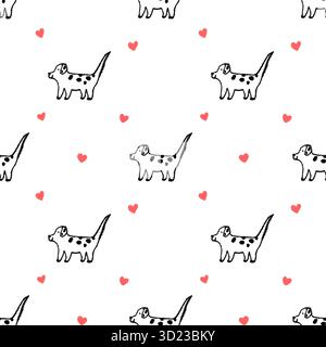 Nahtloses Muster mit linearem Hund und roten Herzen, weißem Hintergrund, Valentinstag-Illustration Stockfoto