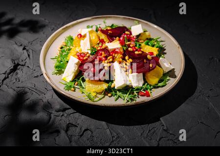 Frischer Salat mit Rüben, Orangen und Feta, serviert auf einem dunklen Teller Stockfoto