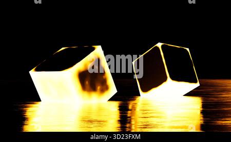Gelb beleuchtete Würfel reflektieren auf einer dunklen Oberfläche mit schwarzem Hintergrund. Abbildung, Rendering Stockfoto