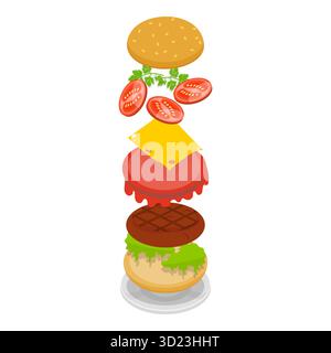 Isometrischer 3D-flacher Satz Burger Maker, Elemente für verschiedene Sandwiches. Punkt 5 Stockfoto