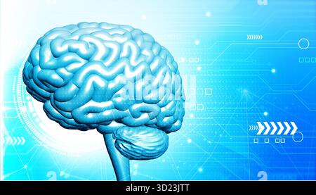 Menschliches Gehirn auf technologischem Hintergrund. 3D-Abbildung Stockfoto