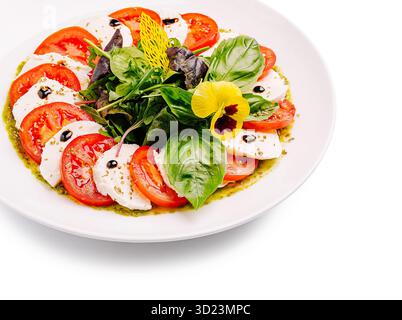 Frischer Caprese-Salat mit Basilikum, Tomaten und Mozzarella auf einem weißen Teller Stockfoto