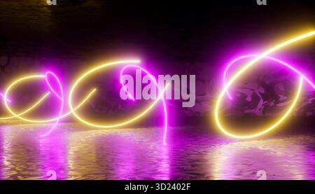 Neonrosa und gelbe Lichtspuren reflektieren auf einer glänzenden unterirdischen Oberfläche. Abbildung, Rendering Stockfoto