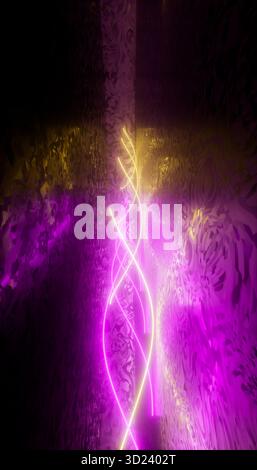 Leuchtende Neondrähte spiralförmig in einem abstrakten dunklen und strukturierten Hintergrund. Abbildung, Rendering Stockfoto