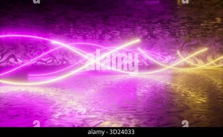 Neonrosa und gelbe Lichter erzeugen wirbelnde Muster, die sich auf einer welligen Oberfläche spiegeln. Abbildung, Rendering Stockfoto