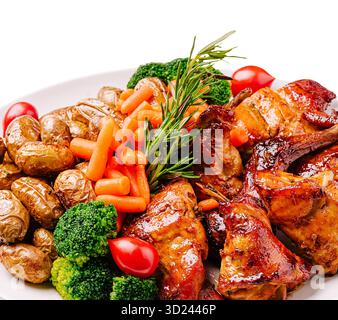 Köstliches gebratenes Huhn mit Gemüse und Kartoffeln auf einem weißen Teller Stockfoto