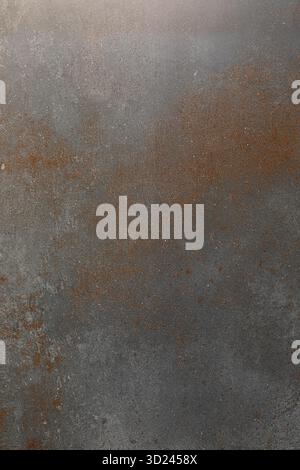 Dunkelgraue Oberfläche mit Vintage-Textur und Rostakzenten unter sanfter Beleuchtung in einem Studio-Ambiente Stockfoto