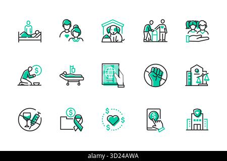 Gemeinnützige Stiftungen – Set mit Symbolen im Liniendesign Stock Vektor