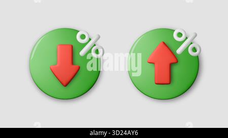 3D-Symbole für niedrige Preise mit roten Pfeilen nach oben und unten, die den Kursrückgang und den Marktrückgang anzeigen. Abstrakter Finanzvektor über Preissenkung, prozentuale Veränderung Stock Vektor