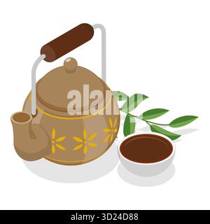 Isometrische flache 3D-Illustration von chinesischem Tee, heißem Kräutergetränk. Punkt 2 Stockfoto