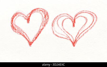 Zwei handgezeichnete rote Herzen auf weißem Papierhintergrund, die Liebe symbolisieren Stockfoto