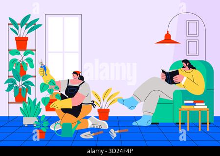 Gemütliche Hobbyszene im Innenbereich mit Gärtner und Leser im handgezeichneten flachen Stil Stock Vektor