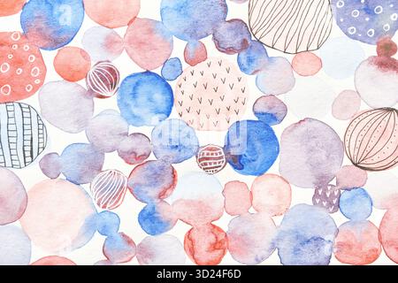 Abstrakte Aquarellkreise in Rot und Blau mit handgezeichneten Mustern Stockfoto