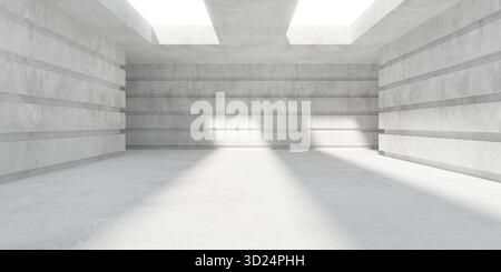Abstrakter leerer, moderner Betonraum mit strukturierten Wänden, Sonnenlichtschatten von Doppeldachöffnung und rauem Boden - industrieller Innenhintergrund Stockfoto