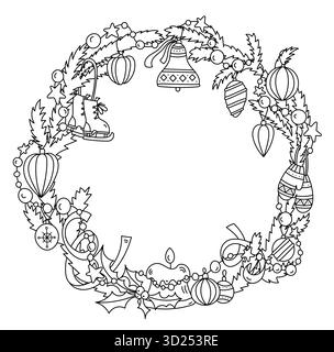 Kranz Aus Kiefernzweigen Und Weihnachtsschmuck Und Malseite Für Erwachsene Und Kinder Stock Vektor