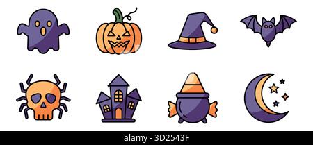 Sammlung von halloween-Ikonen, darunter eine Geisterkürbisfledermaus und ein Spukhaus Stock Vektor