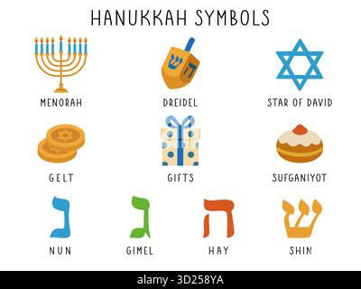 Hanukkah-Symbole mit traditioneller Menora, Dreidel, Stern, gelt, Geschenk und Sufganiyot. Vektorsymbole für das Festival der acht Kerzen Stock Vektor