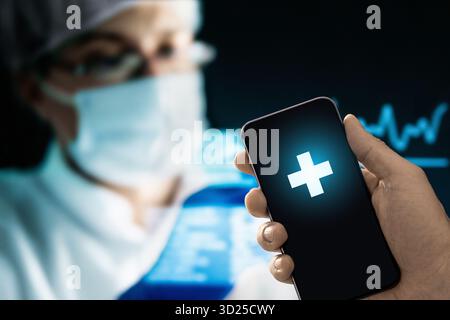 Medizinische App für Testergebnisse am Telefon. Elektronische KI. Gesundheitsakte auf Mobilgeräten. Laborforschungstechnologie. EMR-Bericht und Telemedizin für Patienten. Stockfoto