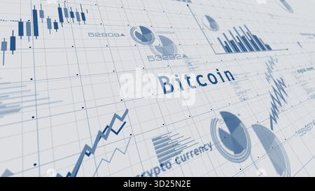 Bitcoin-Kryptowährungsdiagramme und Diagramme auf Papier Konzept 3D-Illustration Stockfoto