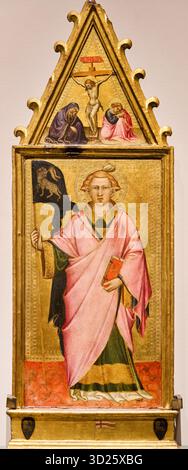 St. Stephan, Cusp: Kreuzigung mit der Jungfrau und Johannes dem Evangelisten, Tempera auf Holzplatte, 1400-1405, SPINELLO DI LUCA detto SPINELLO ARETINO Stockfoto