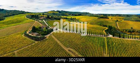 Idyllische toskanische Landschaft. Farbenfrohe Herbstberge. Malerische Landschaft der Toskana, Italien, Chianti-Region berühmt für seine Weinproduktion Stockfoto