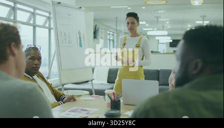 Eine Frau mit gelbem Overall, die Modeskizzen auf dem Flipchart im Büro zeigt Stockfoto