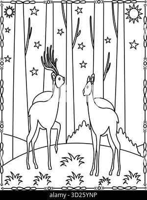 Ausmalseite für süße Hirsche im Wald für Kinder und Erwachsene. Illustration Der Waldtiere. Stock Vektor