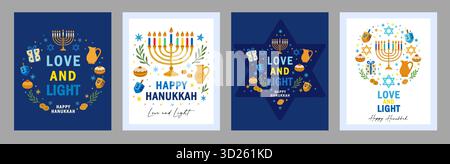 Liebe und Licht, Happy Hanukkah kreative Grußkarten Set 2025. Vektorplakate für das Festival of Lights Stock Vektor