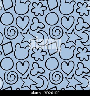 Illustration nahtlose Muster Kritzelei Hand gezeichnete Herzen Sterne tragen Kopf Himmel blauer Hintergrund Stockfoto
