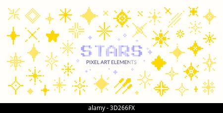Pixel Art Gelbe Sterne. Retro-Clip-Art-Set. Stock Vektor