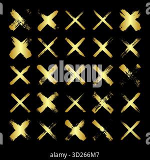 Goldene Grunge-Kreuze, Pinselstriche, Linien, Tintenflecken, handgezeichnete Kritzelformen. Handgemachte, skizzenhafte Markierungen, Acrylflecken, Holzkohlestreifen. Farbe Stock Vektor