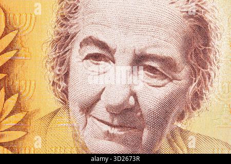 Golda Meir ein Nahaufnahme-Porträt aus israelischem Geld - New Shekel Stockfoto