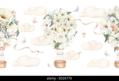 Weiße florale Heißluftballons nahtlose Grenze isoliert. Handgemalte Luftschiffe mit Blumen mit Wolken, Bändern und Schmetterlingen in Pastellfarben Stockfoto