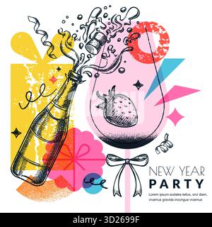 Silvester-Party-Banner mit Sektflasche, rosa Glas mit Schleife und Geschenkboxen. Moderne Vektorskizze Collage Illustration. Design für holi Stock Vektor