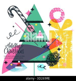 Weihnachtsbanner mit Weihnachtsbaum, Geschenkbox, Zuckerrohr und abstrakten Formen. Moderne Vektorskizze Collage Illustration. Design für den Urlaub Stock Vektor