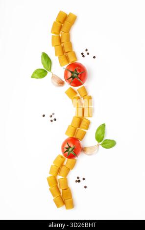 Rohe Rigatoni-Nudeln mit Zutaten für Tomatensauce Stockfoto