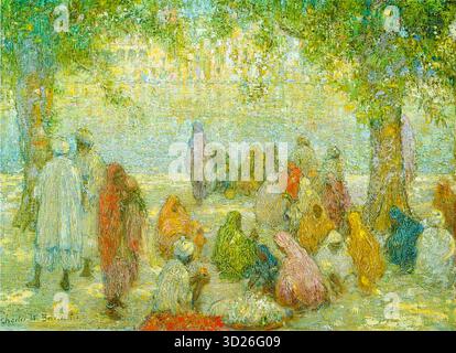Charles William Bartlett - Amritsar (der See am Goldenen Tempel) - 1920 - das Kunstwerk zeigt eine Gruppe von Menschen, die sich in einer lebendigen, sonnendurchfluteten Outdoor-Szene versammelt haben, möglicherweise in der Nähe eines Wassers. Das Gemälde zeichnet sich durch seinen impressionistischen Stil aus, mit sichtbaren Pinselstrichen und einem Fokus auf Licht und Farbe. Die Szene spielt unter einem Baldachin aus Bäumen, mit Figuren in bunten Gewändern, und die allgemeine Atmosphäre ist ruhig. Das Originalkunstwerk befindet sich in der Honolulu Academy of Arts. Stockfoto