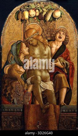 CRIVELLI, Carlo (* 1430/35, Venezia, d. 1495, Camerino) Lamentation over the Dead Christ 1485 Tempera on Panel, 88 x 53 cm Museum of Fine Arts, Boston es wird angenommen, dass dieses Gemälde die Mitteltafel der oberen Ebene eines Altaraufsatzes war. --- Schlüsselwörter: ----------------- Autor: CRIVELLI, Carlo Titel: Klage über den Toten Christus Zeitlinie: 1451-1500 Schule: Italienisch Form: Malerei Typ: Religiös Stockfoto