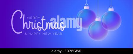 Weihnachten und Neujahr Sportbanner. Merry Christmas Tech Grußkarte mit Weihnachtsball als Kugel auf lila Neon Hintergrund. Vektorabbildung. Stock Vektor