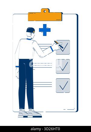 Koreanischer Mann markiert Gesundheit Checkliste auf Zwischenablage 2D Kritzelcharakter Stock Vektor
