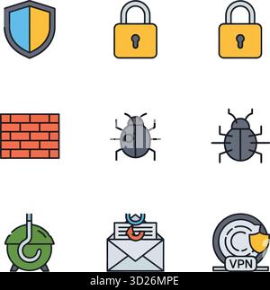 Farbsymbole für Cyber Security and Data Protection: Shield, Vorhängeschloss, Firewall, Bug und VPN Stock Vektor