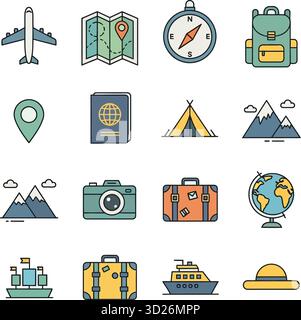 Farbsymbole für Reise- und Tourismuslinien: Flugzeug, Karte, Kompass, Reisepass, Gepäck, und Abenteuer Stock Vektor