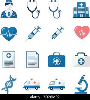 Flache Design-Symbole für Medizin und Gesundheitswesen Set. Vektorsymbole für Krankenhaus, Arzt und Gesundheitswesen. Stock Vektor