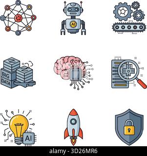 Set mit Symbolen für künstliche Intelligenz und Technologie. KI-, Big Data- und Robotik-Vektorsymbole. Stock Vektor