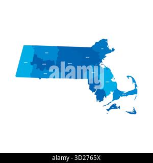 Massachusetts, MA – detaillierte politische Karte des US-Bundesstaates. Administrative Karte unterteilt in Bezirke. Blaue Karte mit Kreisnamen. Vektorabbildung Stock Vektor