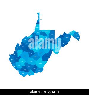 West Virginia, WV – detaillierte politische Karte des US-Bundesstaates. Administrative Karte unterteilt in Bezirke. Blaue Karte mit Kreisnamen. Vektorabbildung Stock Vektor