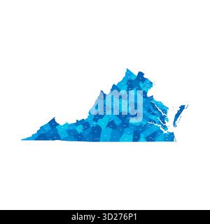 Virginia, VA – detaillierte politische Karte des US-Bundesstaates. Administrative Karte unterteilt in Bezirke. Blaue Karte mit Kreisnamen. Vektorabbildung Stock Vektor