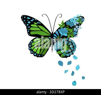 Abstrakter Schmetterlingsflügel mit Blumen. Handgezeichnet. Nicht AI, Vektordarstellung. Stock Vektor